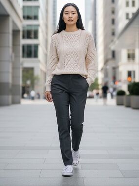 Cream Open-Knit Crewneck Sweater